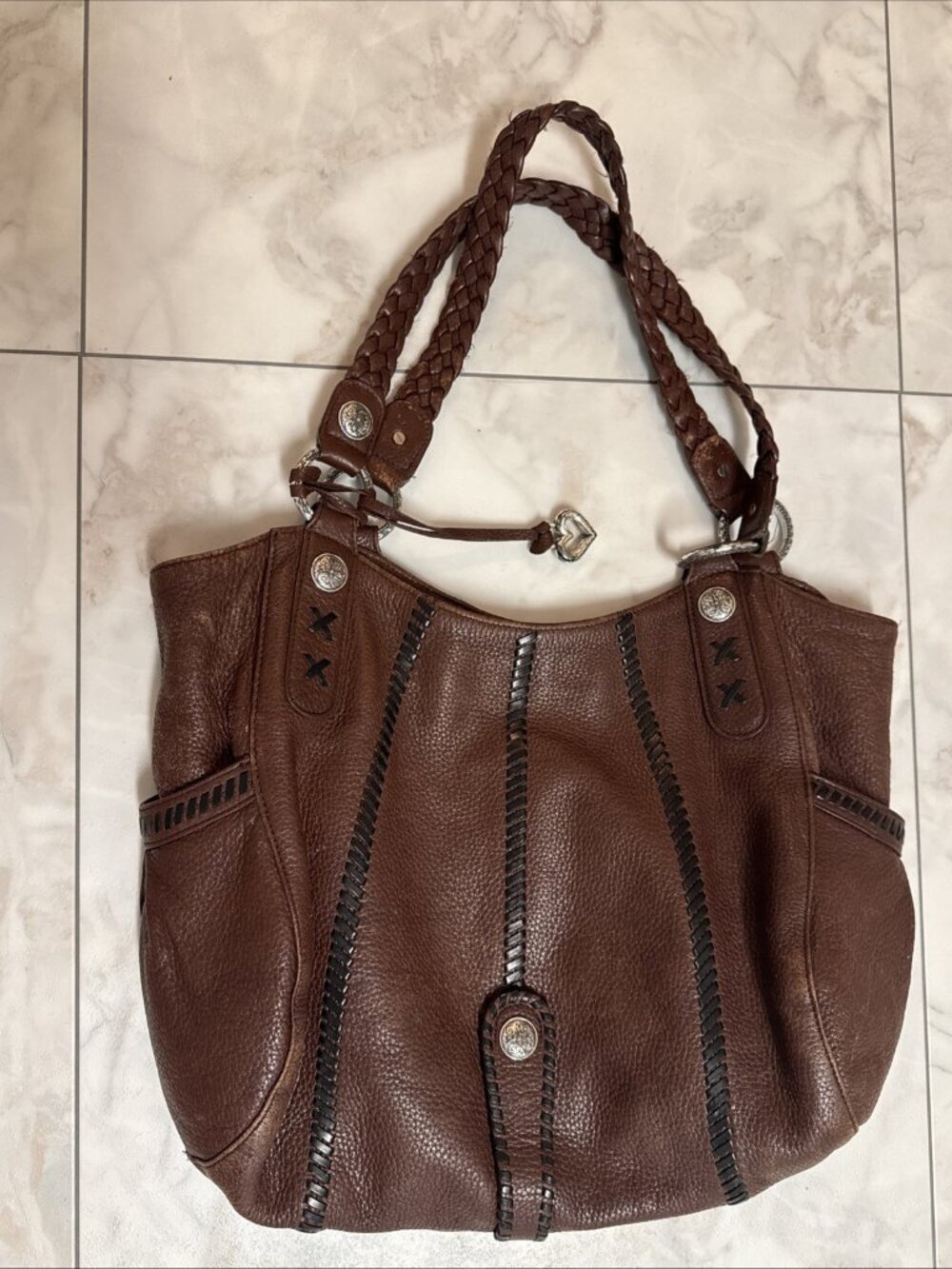 Brighton Pebbled Hobo Shoulder Bag Brown Braided Strap Heart Charm Zip Pockets